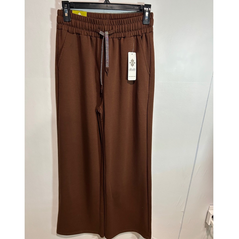 Brown Wide leg Sweatpants Women Medium Rhinestone Drawstring Neutral Athleisure